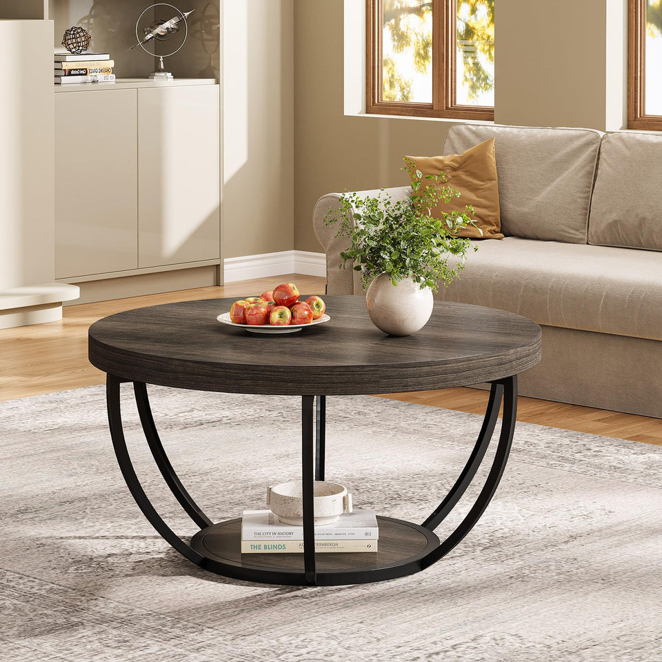 Tribesigns Round Coffee Table, 31.7" Wooden 2-Tier Circle Coffee Table with Storage Shelves, Modern Accent Cocktail Table Center Table for Living Room, Rustic Brown
