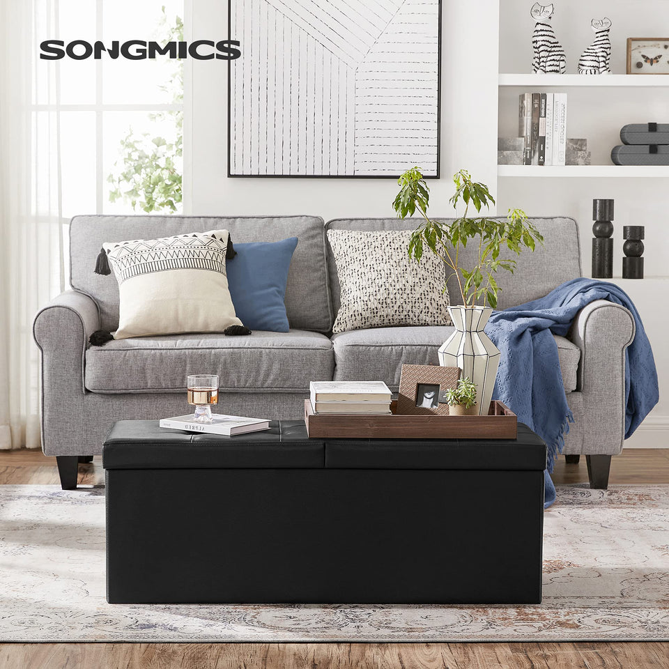SONGMICS MAZIE Collection - 30 Inches Storage Ottoman Bench with Flipping Lid, Storage Chest Footstool, Load 660 lb, for Entryway, Living Room, Bedroom, Synthetic Leather, Black ULSF45BK