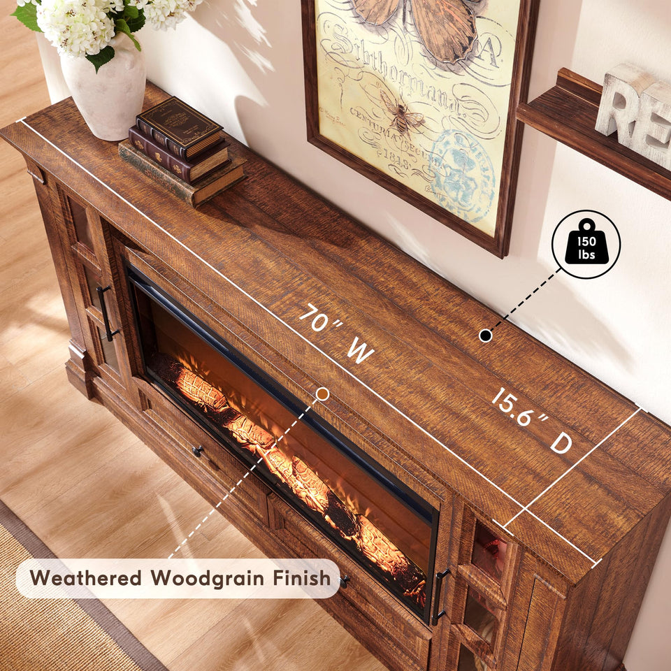 OKD Fireplace TV Stand for up-to-80 TV, Farmhouse 36" Tall Entertainment Center with 42" Electric Fireplace, Media Console with Glass Door Cabinets & Drawers for Living Room, Antique White