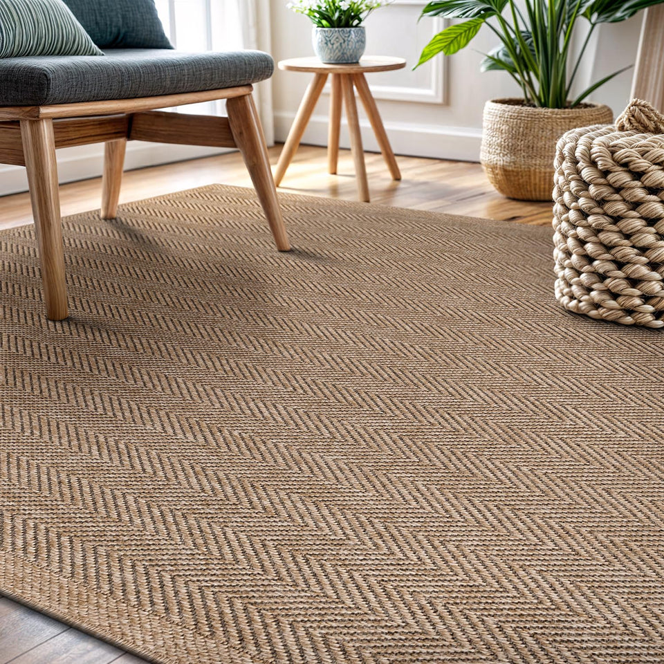 CAMILSON Easy Jute Rug 10x14, Indoor Outdoor Natural Color Fiber Area Rugs for Living Room Patio and Kitchen Rug Herringbone Woven Design Easy-Cleaning Washable Outside Carpet Alfombras 10 x 14