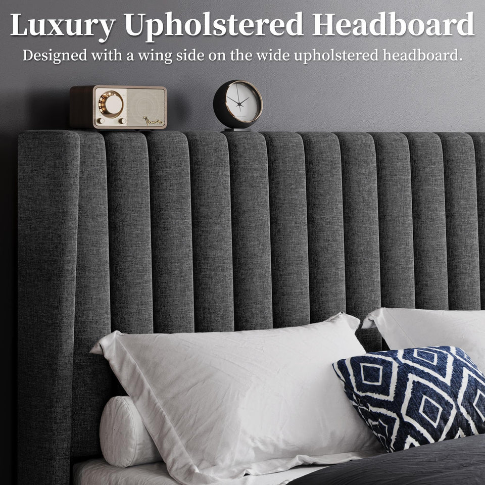 Yaheetech King Bed Frame Upholstered Platform Bed with Fabric Headboard, Wing Edge Design/Non-Slip and Noise-Free/Wooden Slats Support/No Box Spring Needed/Easy Assembly, Ivory King Bed