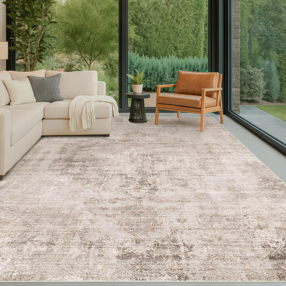 Neutral Living Room Rug - 10x14 Farmhouse Beige Brown Large Area Rug for Dining Room, Bedroom, Low Pile Lightweight Washable