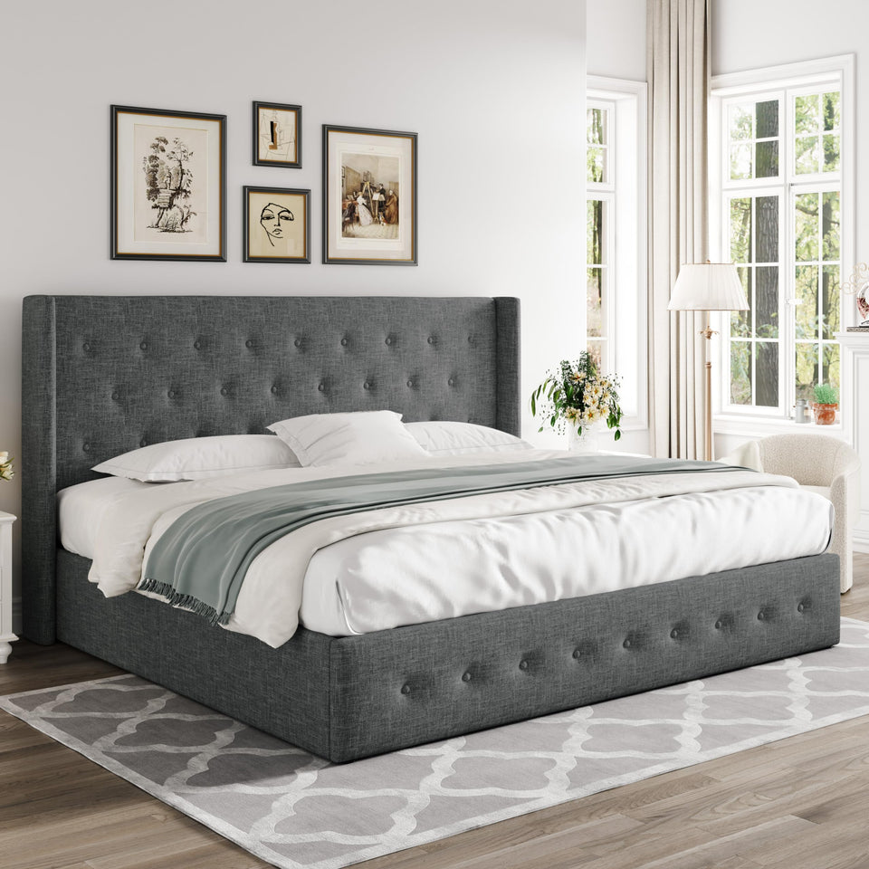 Allewie King Size Lift Up Storage Bed, Modern Wingback Headboard, Hydraulic Support, No Box Spring Needed, Light Beige