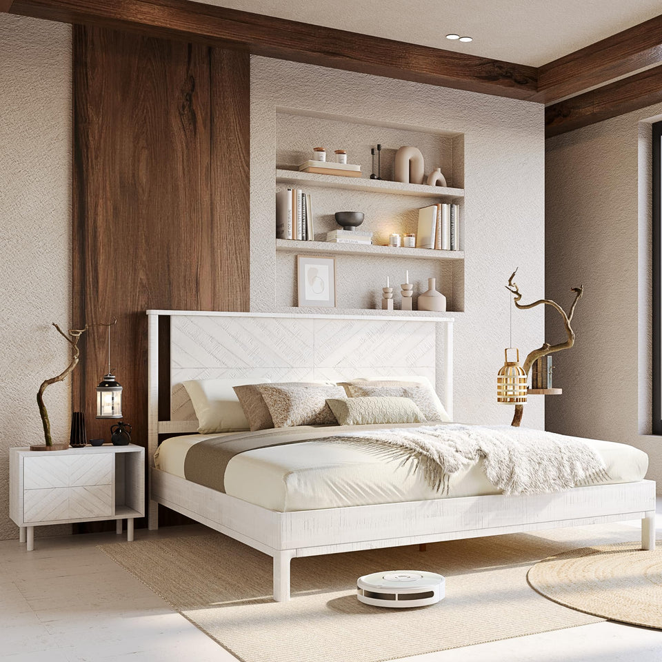 Bme Vivian 14 Inch Deluxe Bed Frame with Headboard, Rustic & Scandinavian Style with Solid Acacia Wood, No Box Spring Needed, 12 Strong Wood Slat Support, Easy Assembly, King, Rustic Golden Brown