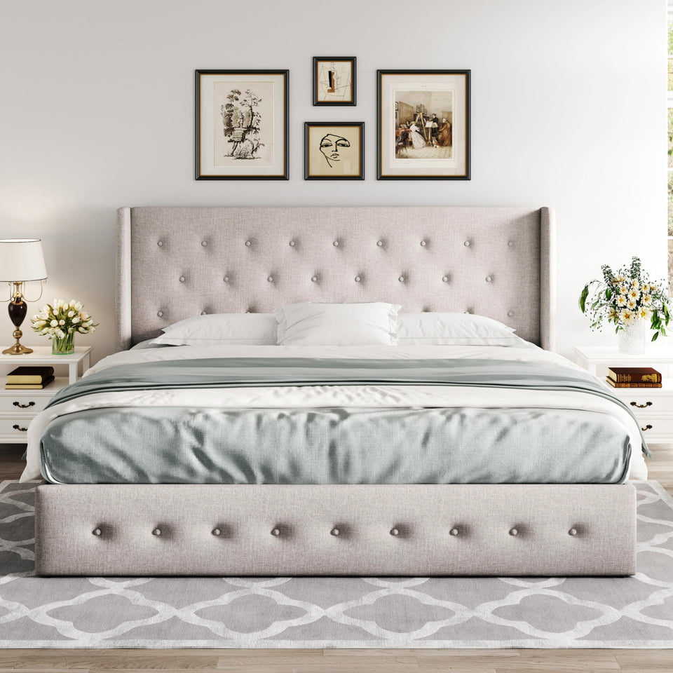 Allewie King Size Lift Up Storage Bed, Modern Wingback Headboard, Hydraulic Support, No Box Spring Needed, Light Beige