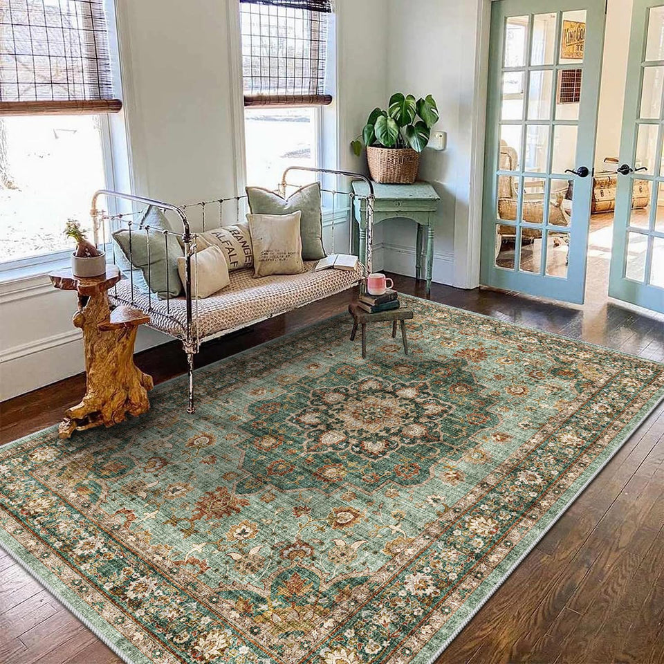 TOPRUUG Washable Oriental Area Rug - 12x15 Rugs for Living Room Soft Carpet for Bedroom Waterproof Floral Distressed Indoor Stain Resistant Non-Shedding Floor Carpets (Green, 12x15)
