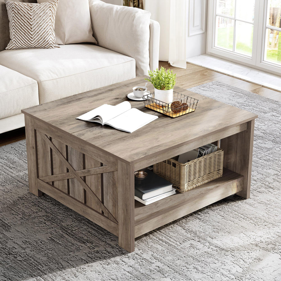 YITAHOME Coffee Table Farmhouse Coffee Table with Storage Rustic Wood Cocktail Table, Square Coffee Tables for Living Meeting Room with Half Open Storage Compartment, Grey Wash