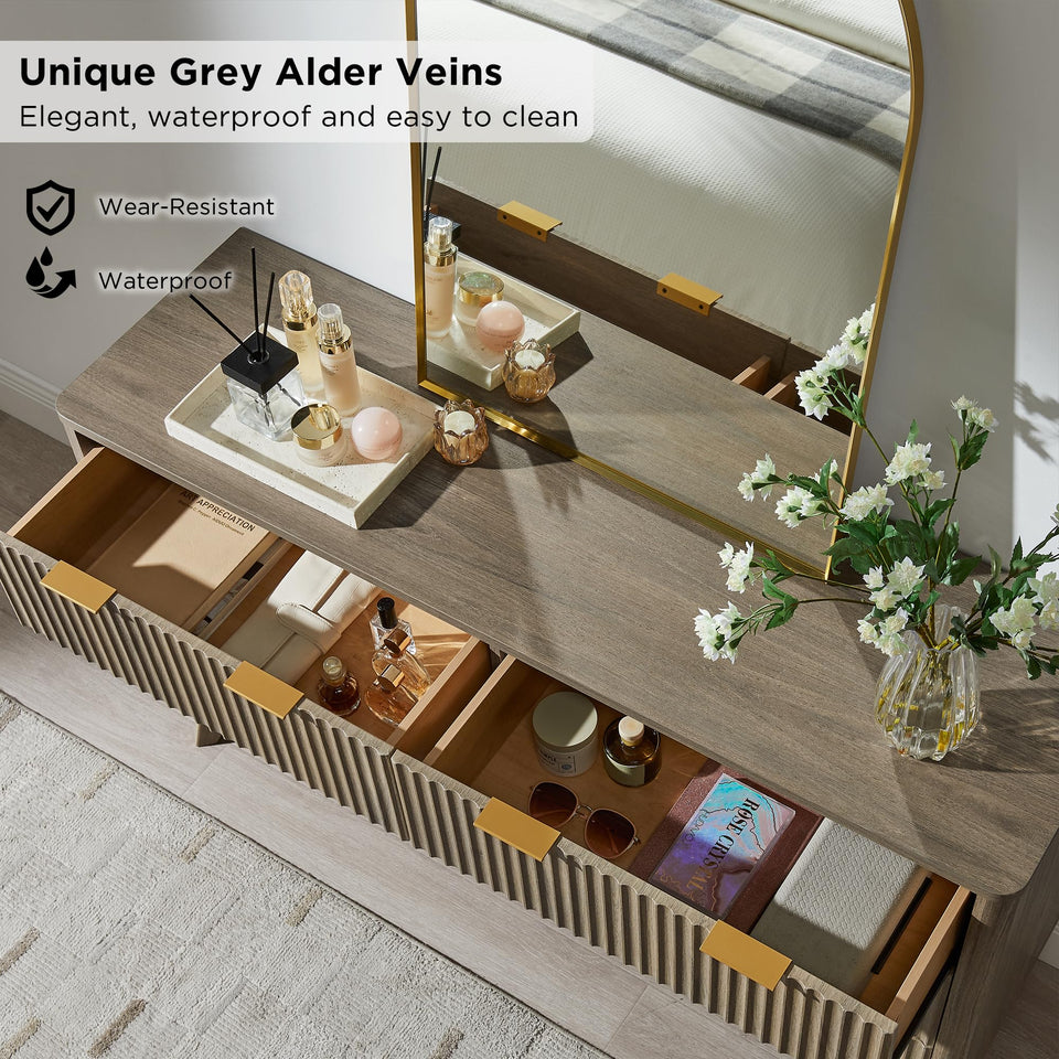 T4TREAM Fluted 7 Drawers Dresser, 54" Wide Modern Chest of Drawers with Faux Marble Top, Curved Profile Design, Dresser TV Stand, Wood Drawer Organizer for Bedroom, Living Room, Hallway, Natural Oak