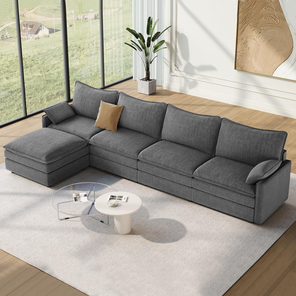 Vesgantti 142" U Shaped Sectional Couch, Comfy Cloud Modular Sectional Sofa with 2 Ottoman Deep Seat Chenille Modern Cloud Sofa, Modular Sofas for Living Room, Bedroom and Apartment, Beige