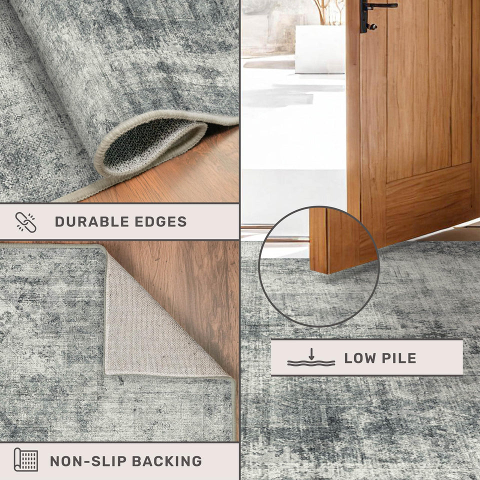 Neutral Living Room Rug - 10x14 Farmhouse Beige Brown Large Area Rug for Dining Room, Bedroom, Low Pile Lightweight Washable