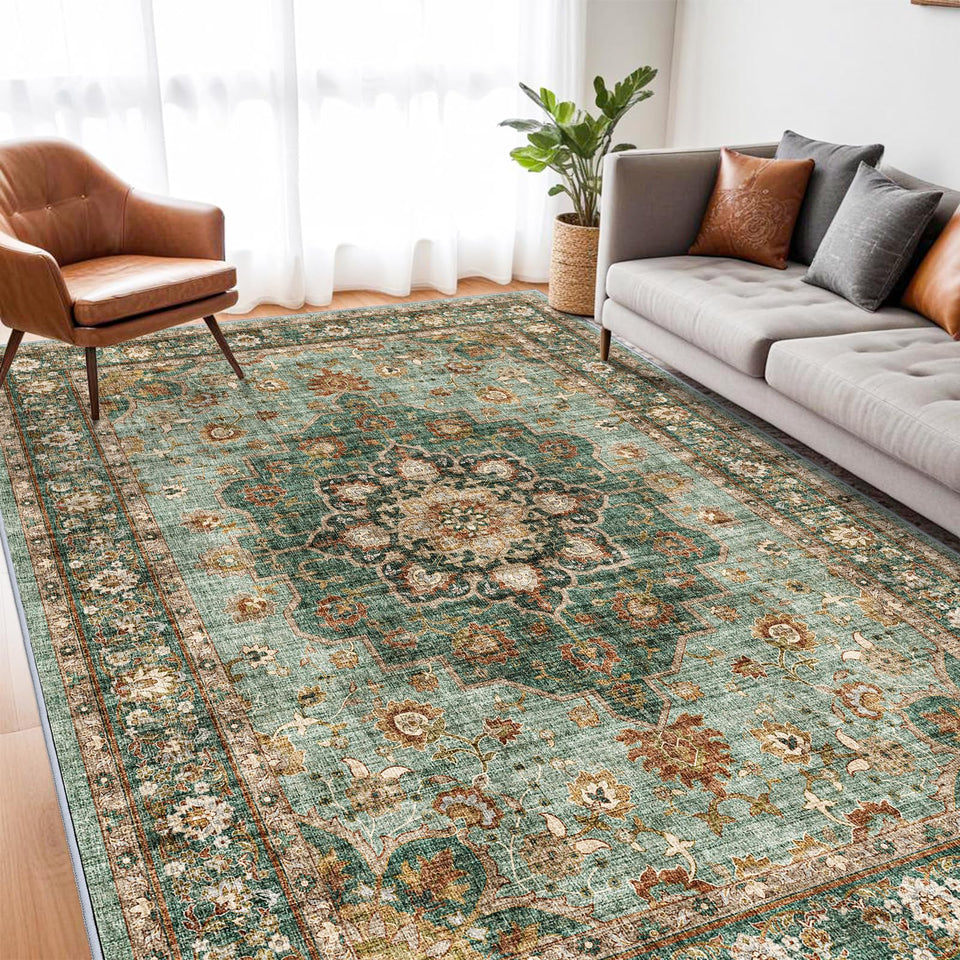 TOPRUUG Washable Oriental Area Rug - 12x15 Rugs for Living Room Soft Carpet for Bedroom Waterproof Floral Distressed Indoor Stain Resistant Non-Shedding Floor Carpets (Green, 12x15)