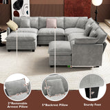 Ihanherry 146" U-Shaped Modern Sofa Modular Sectional Cloud Couch with 2 Ottoman, 6-Seat Chenille Deep Seat Sofa with 6 Pillows for Living Room, Bedroom and Apartment, Grey