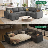 HONBAY Sectional Sleeper Sofa with Pull Out Bed, U Shaped Couch with Storage, Modular Sectional Couches for Living Room, Dark Grey
