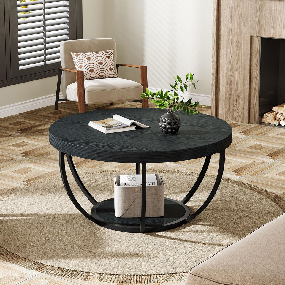 Tribesigns Round Coffee Table, 31.7" Wooden 2-Tier Circle Coffee Table with Storage Shelves, Modern Accent Cocktail Table Center Table for Living Room, Rustic Brown