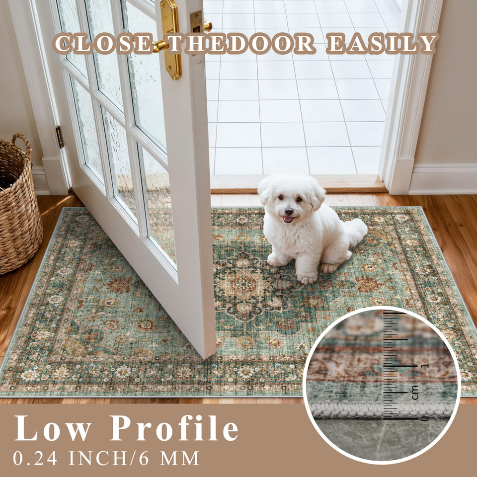 TOPRUUG Washable Oriental Area Rug - 12x15 Rugs for Living Room Soft Carpet for Bedroom Waterproof Floral Distressed Indoor Stain Resistant Non-Shedding Floor Carpets (Green, 12x15)