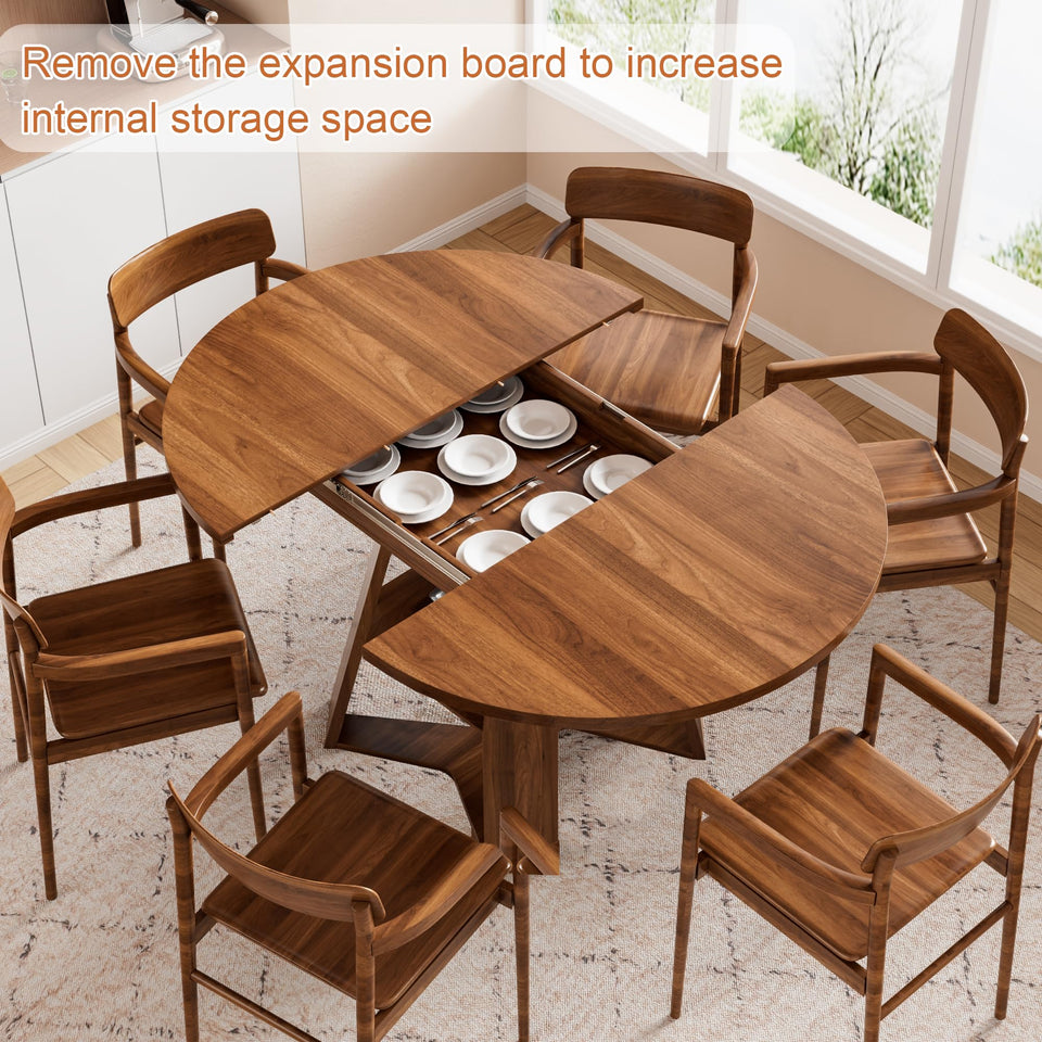 43.3in-59in Extendable Round Dining Table for 4-8,Modern Kitchen Oval Dining Table with Removable Leaves Space Saving,Wood Base with Storage Shelf for Kitchen Living Room (Walnut)