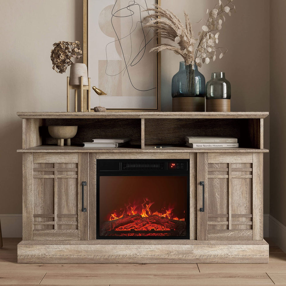 BELLEZE Traditional 58" Rustic TV Stand with 23" Electric Fireplace Heater with Sound, Media Entertainment Center Console Table for TV up to 65" with Open Storage Shelves and Cabinets - Espresso
