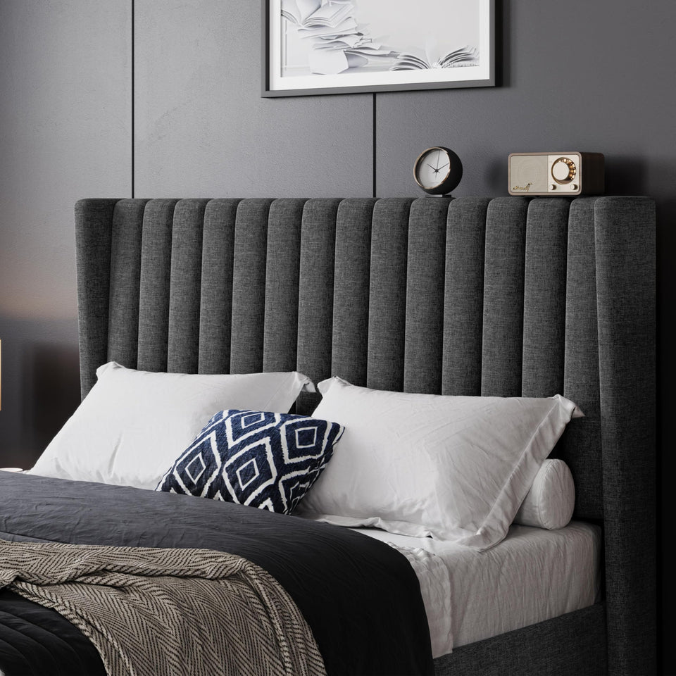 Yaheetech King Bed Frame Upholstered Platform Bed with Fabric Headboard, Wing Edge Design/Non-Slip and Noise-Free/Wooden Slats Support/No Box Spring Needed/Easy Assembly, Ivory King Bed