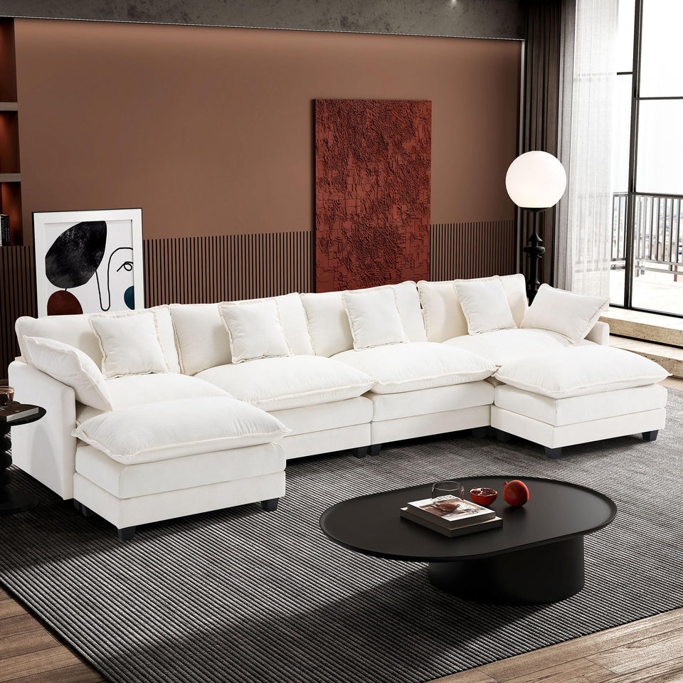 Ihanherry 146" U-Shaped Modern Sofa Modular Sectional Cloud Couch with 2 Ottoman, 6-Seat Chenille Deep Seat Sofa with 6 Pillows for Living Room, Bedroom and Apartment, Grey