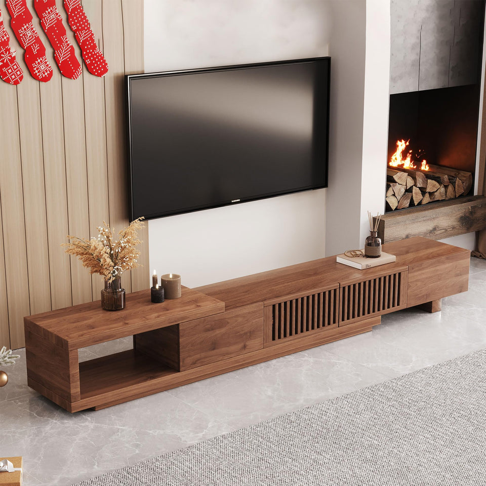 NessCarsti Mid Century Modern TV Stand for 80+ Inch TVs, 94.48" Walnut Console with Ample Storage – Stylish Entertainment Center for Living Room or Bedroom