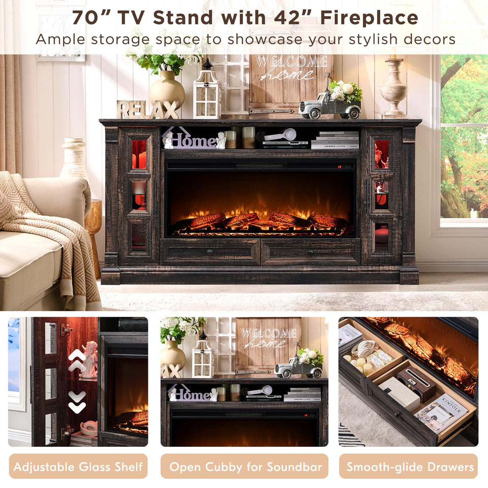 OKD Fireplace TV Stand for up-to-80 TV, Farmhouse 36" Tall Entertainment Center with 42" Electric Fireplace, Media Console with Glass Door Cabinets & Drawers for Living Room, Antique White
