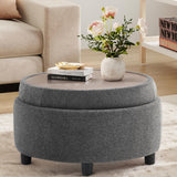 COLAMY Fabric Round Storage Ottoman with Reversible Tray Lid – Multi-Functional Footrest, Hidden Storage, Sturdy & Stylish Small Coffee Table for Living Room, Bedroom, or Entryway(Beige)