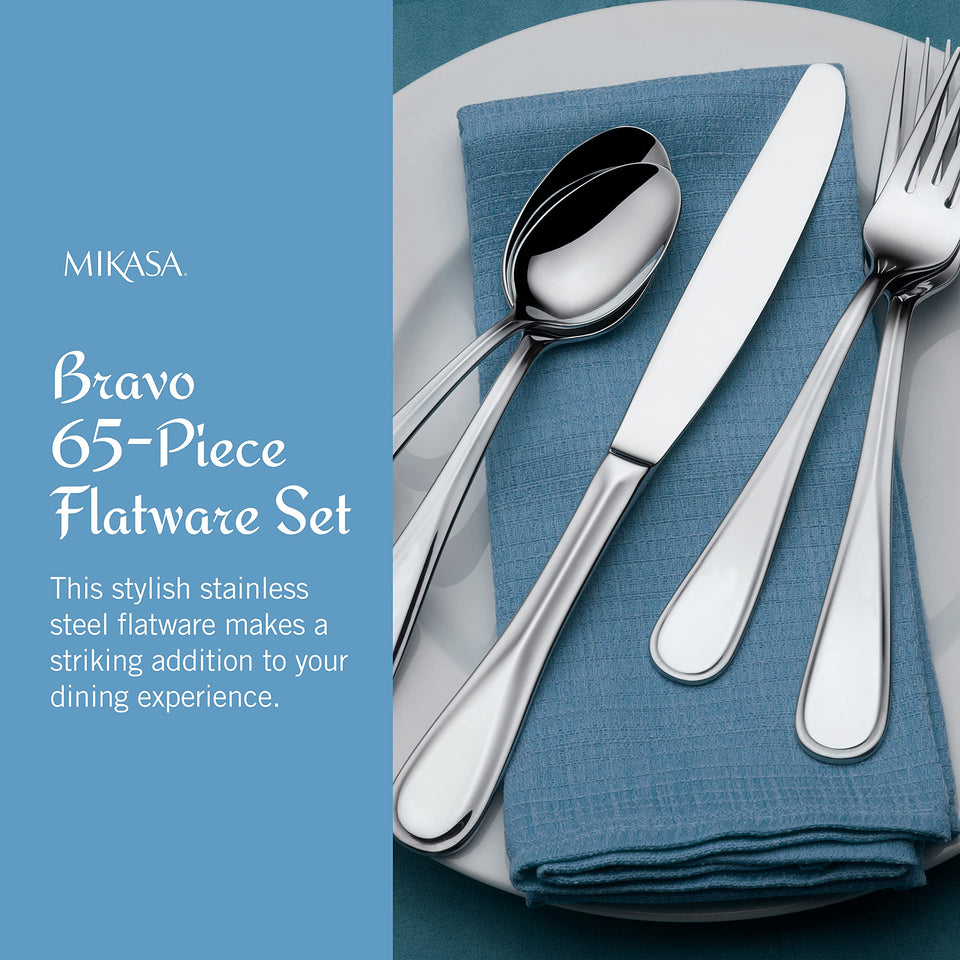 Mikasa Bravo 65-Piece Flatware Set for 12, 18/10 Stainless Steel Silverware with Full Service, Includes Forks, Knives, Spoons, and Serving Utensils