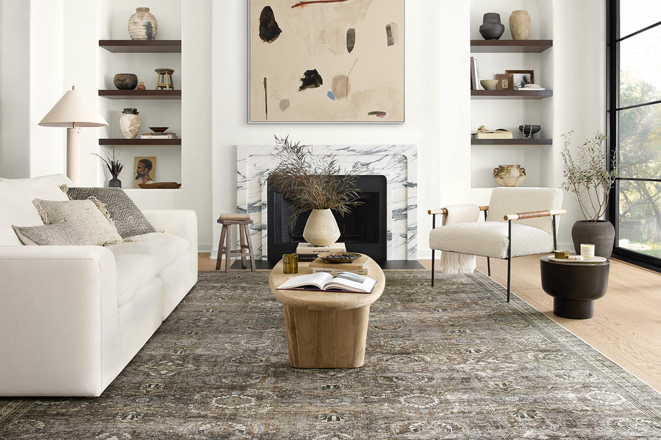 Loloi Layla Collection LAY-03 Olive/Charcoal 9'-0" x 12'-0" .13" Thick Area Rug, Soft, Durable, Vintage Inspired, Distressed, Low Pile, Non-Shedding, Easy Clean, Printed, Living Room Rug