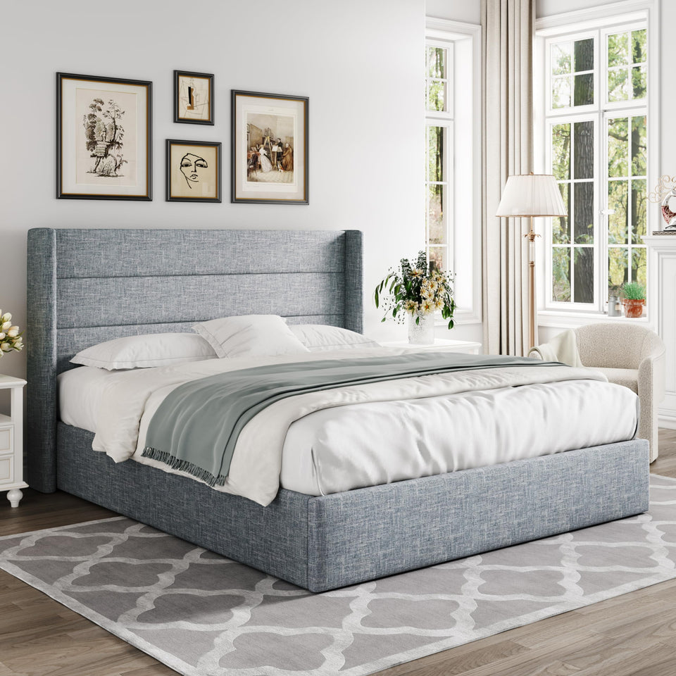 Allewie King Size Lift Up Storage Bed, Modern Wingback Headboard, Hydraulic Support, No Box Spring Needed, Light Beige
