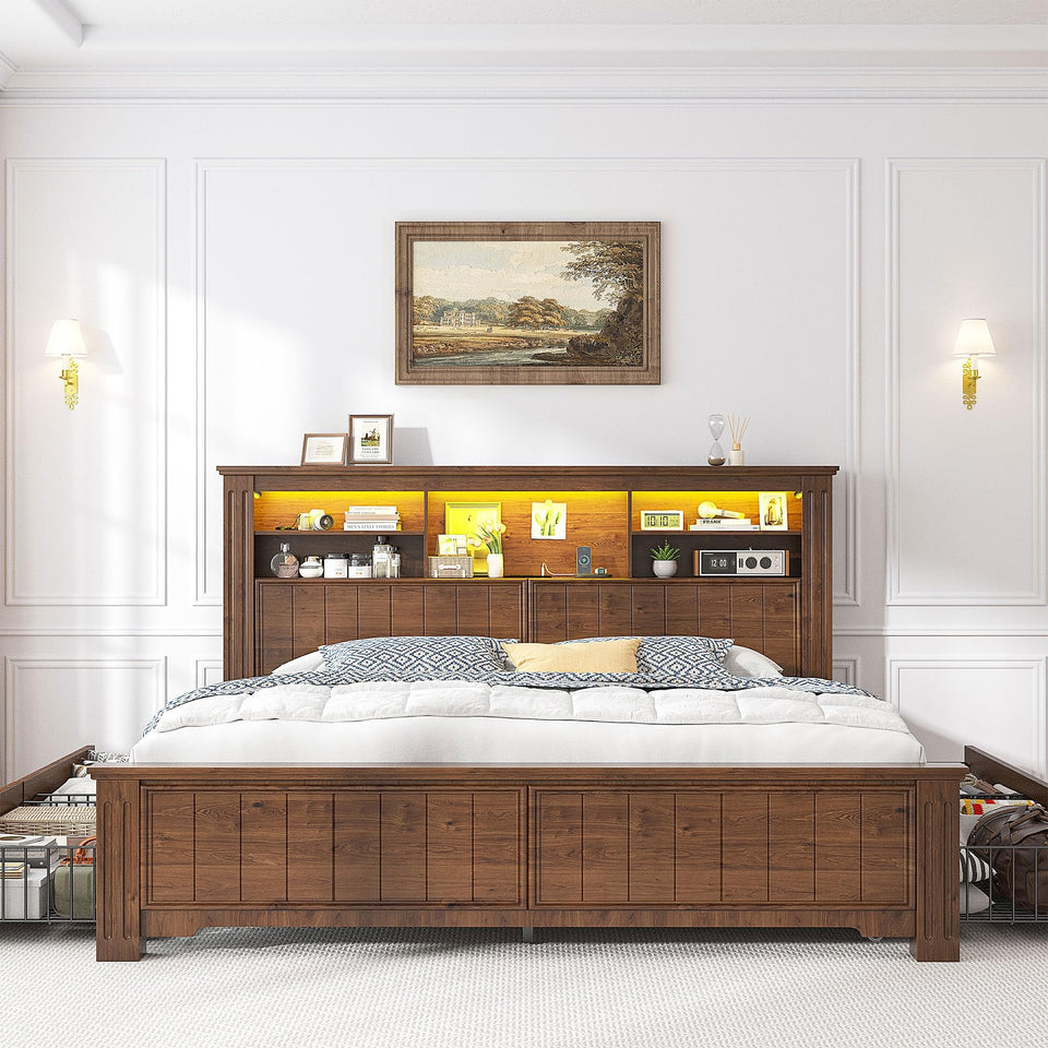 EnHomee King Size Bed Frame and Headboard & Storage, 4 Drawers and LED Built in Charging Station King Bed Frame with Storage Farmhouse,NO Noise,No Box Spring Needed,White