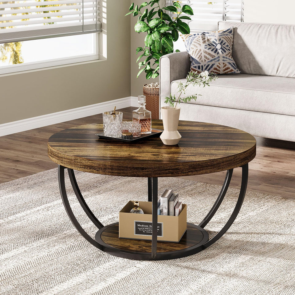 Tribesigns Round Coffee Table, 31.7" Wooden 2-Tier Circle Coffee Table with Storage Shelves, Modern Accent Cocktail Table Center Table for Living Room, Rustic Brown