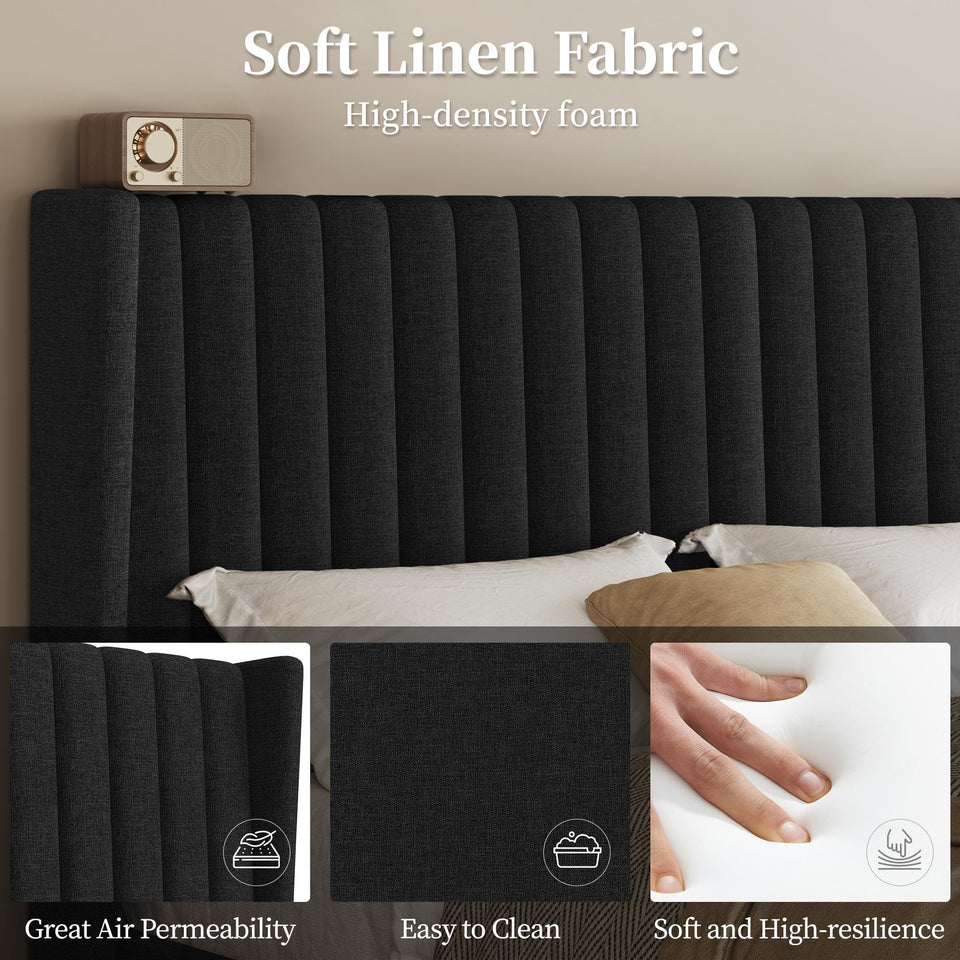 Yaheetech King Bed Frame Upholstered Platform Bed with Fabric Headboard, Wing Edge Design/Non-Slip and Noise-Free/Wooden Slats Support/No Box Spring Needed/Easy Assembly, Ivory King Bed