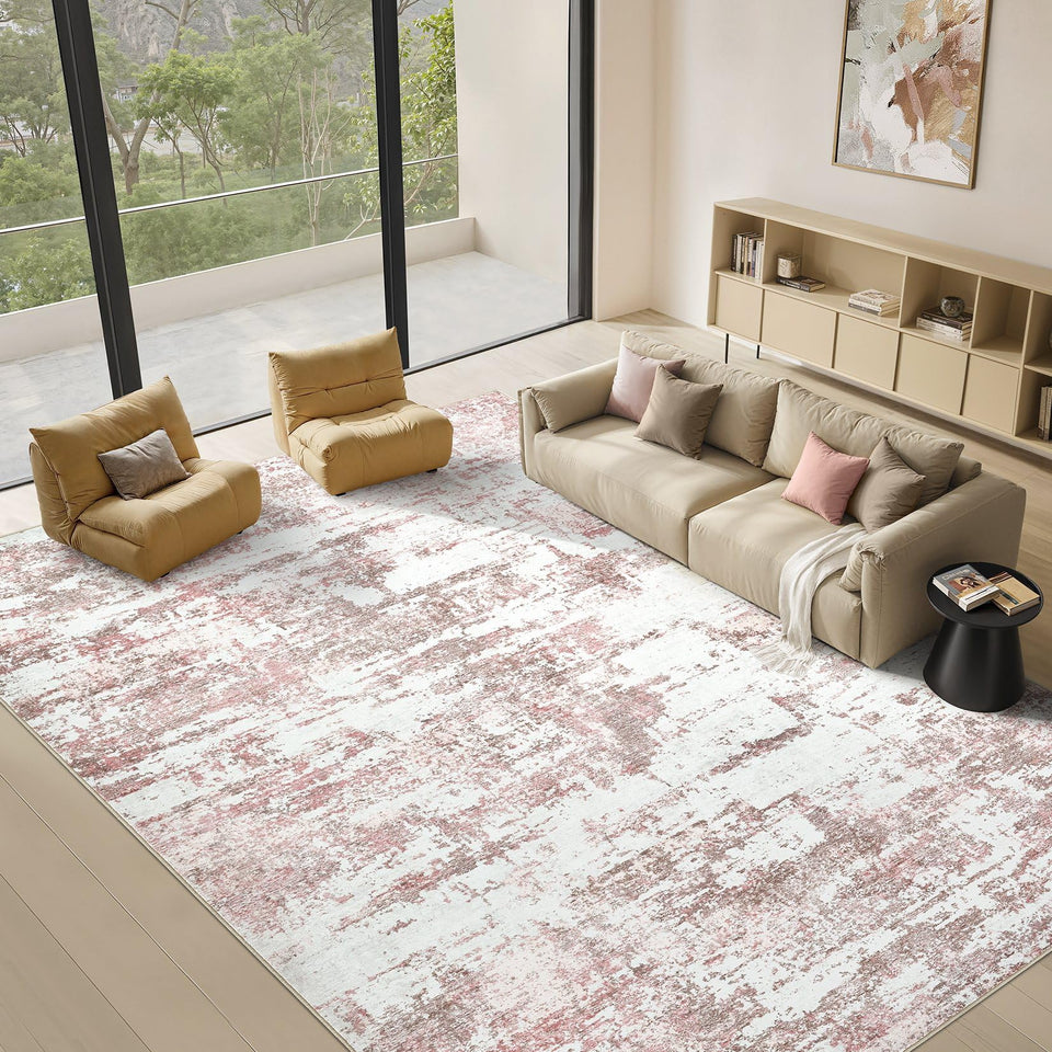 Area Rugs for Living Room: 12x15 Abstract Washable Rug Modern Neutral Large Soft Stain Resistant Non-Slip Backing Machine Table for Bedroom Dining Room Indoor Home Office Carpet - Gold Brown