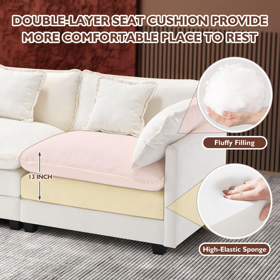 Ihanherry 146" U-Shaped Modern Sofa Modular Sectional Cloud Couch with 2 Ottoman, 6-Seat Chenille Deep Seat Sofa with 6 Pillows for Living Room, Bedroom and Apartment, Grey