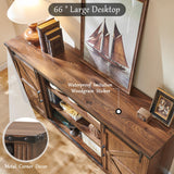 JXQTLINGMU Farmhouse TV Stand for 75+ Inch TV, 32" Tall Entertainment Center w/4 Drawers & Sliding Barn Door, Rustic Media Console w/Storage Shelves, 66" Wood Television Stand for Living Room, Brown
