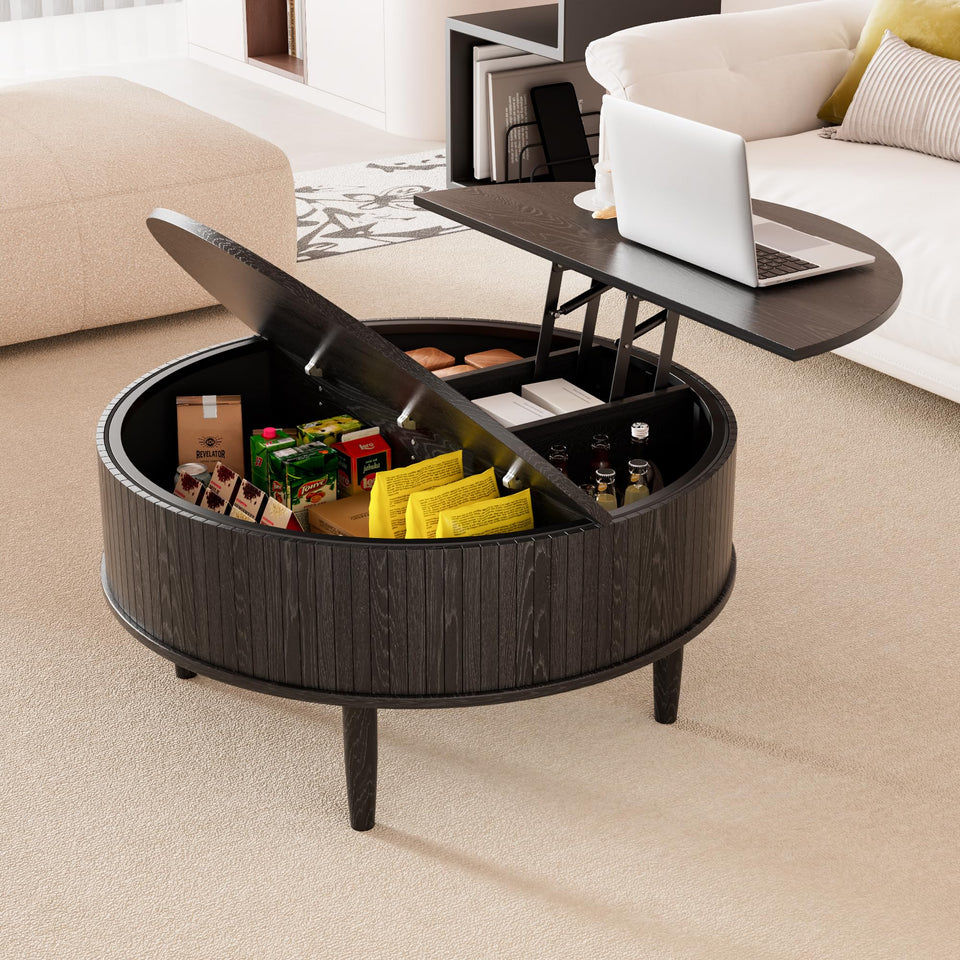 Round Fluted Lift Top Coffee Table with Storage, Mid Century Modern Coffee Table for Living Room, Home Small Space,31.5" Fluted Center Table (Walnut, 31.5inch)