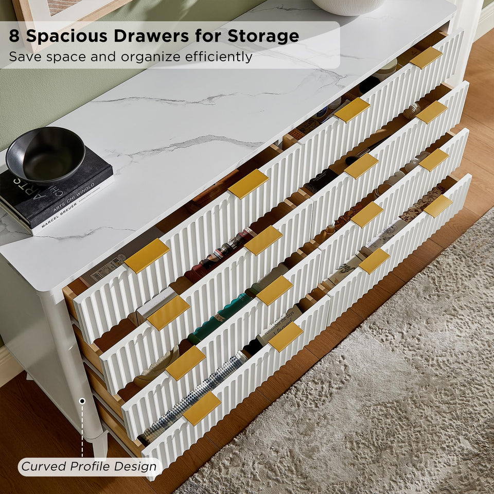 T4TREAM Fluted 7 Drawers Dresser, 54" Wide Modern Chest of Drawers with Faux Marble Top, Curved Profile Design, Dresser TV Stand, Wood Drawer Organizer for Bedroom, Living Room, Hallway, Natural Oak