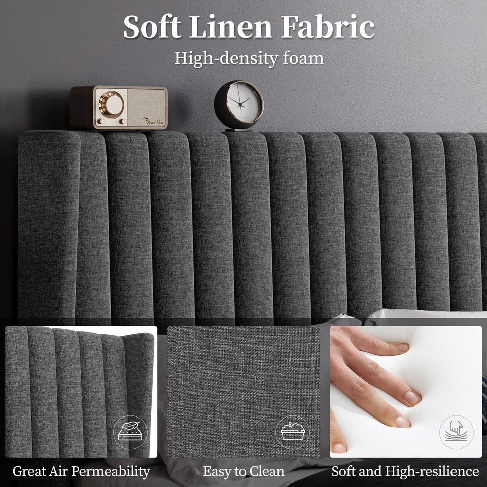 Yaheetech King Bed Frame Upholstered Platform Bed with Fabric Headboard, Wing Edge Design/Non-Slip and Noise-Free/Wooden Slats Support/No Box Spring Needed/Easy Assembly, Ivory King Bed