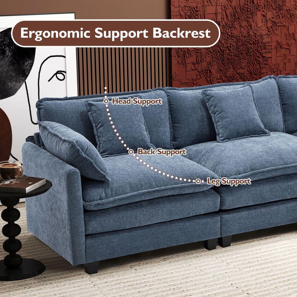 Ihanherry 146" U-Shaped Modern Sofa Modular Sectional Cloud Couch with 2 Ottoman, 6-Seat Chenille Deep Seat Sofa with 6 Pillows for Living Room, Bedroom and Apartment, Grey