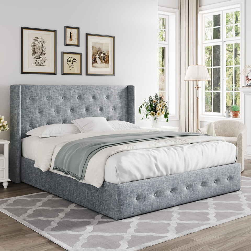 Allewie King Size Lift Up Storage Bed, Modern Wingback Headboard, Hydraulic Support, No Box Spring Needed, Light Beige