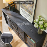 JXQTLINGMU Farmhouse TV Stand for 75+ Inch TV, 32" Tall Entertainment Center w/4 Drawers & Sliding Barn Door, Rustic Media Console w/Storage Shelves, 66" Wood Television Stand for Living Room, Brown