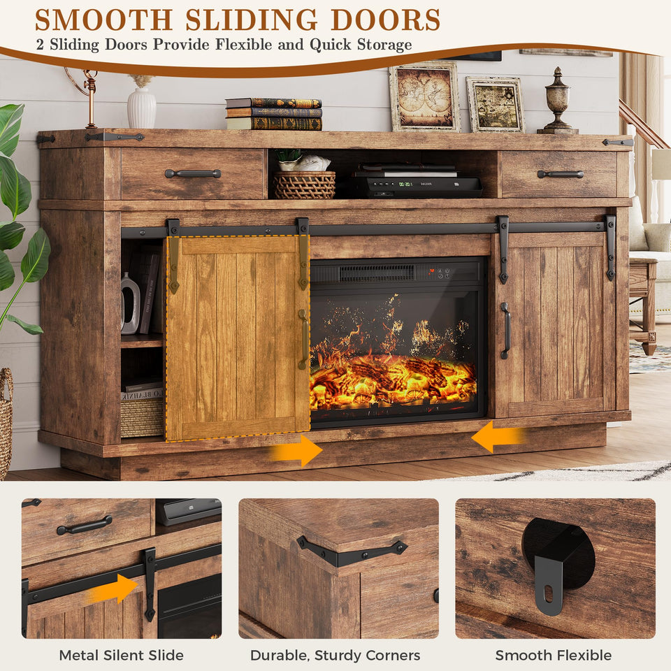 59'' Fireplace TV Stand with 3D Flame Electric Fireplace Heater, 34'' Tall Farmhouse TV Stand for 65 Inch TV, Entertainment Center TV Console with 2 Drawers, Sliding Barn Door for Living Room - White