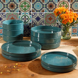 Bloomhouse Santorini Mist Double Bowl Terracotta Reactive Glaze Plates and Bowls Dinnerware Set - Amber, Service for Four (16pcs)