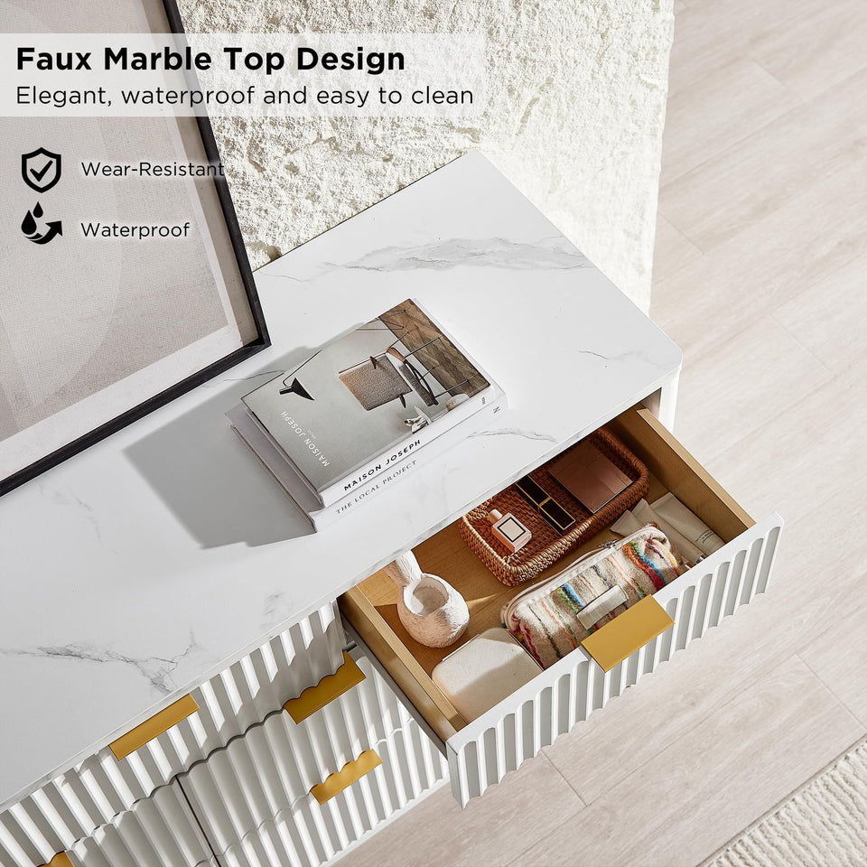 T4TREAM Fluted 7 Drawers Dresser, 54" Wide Modern Chest of Drawers with Faux Marble Top, Curved Profile Design, Dresser TV Stand, Wood Drawer Organizer for Bedroom, Living Room, Hallway, Natural Oak