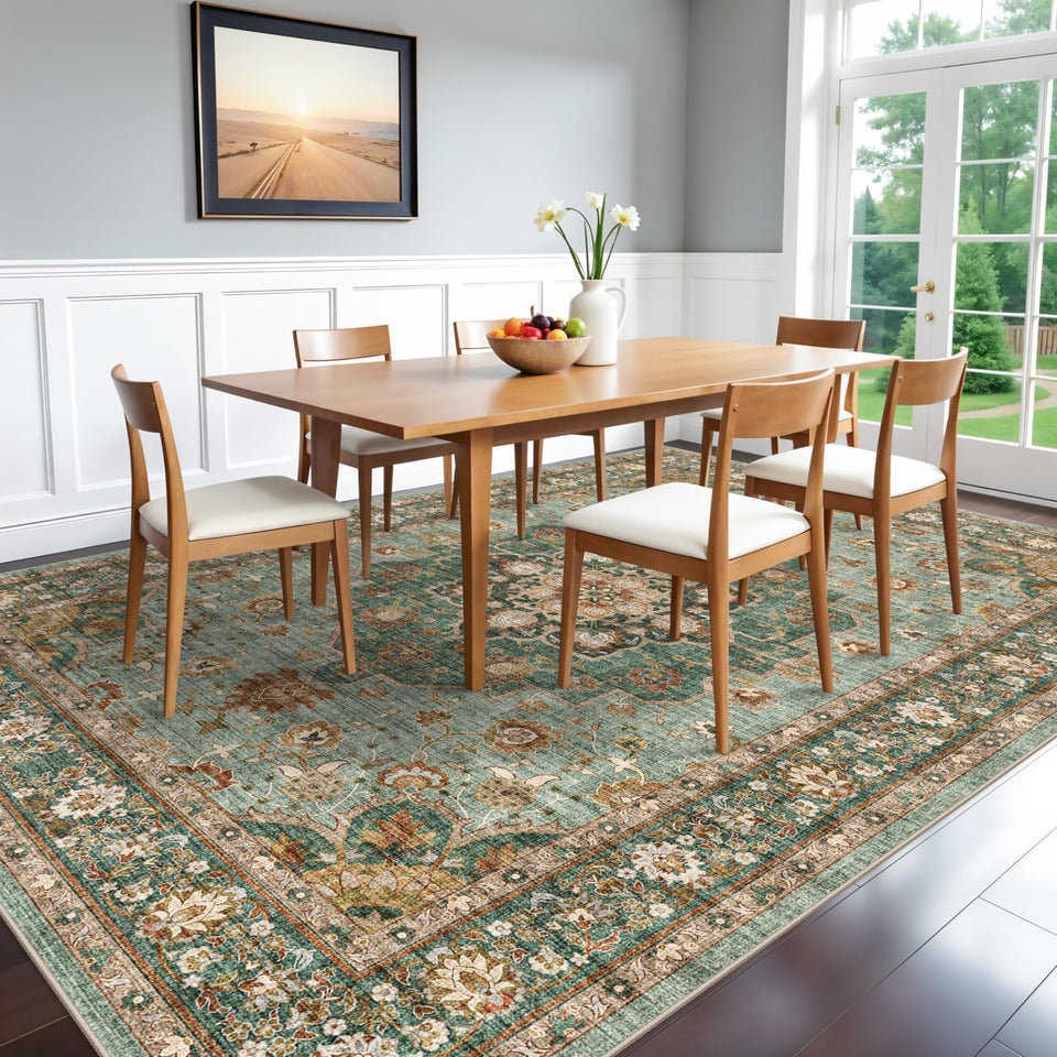 TOPRUUG Washable Oriental Area Rug - 12x15 Rugs for Living Room Soft Carpet for Bedroom Waterproof Floral Distressed Indoor Stain Resistant Non-Shedding Floor Carpets (Green, 12x15)