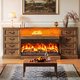 Huuger Fireplace TV Stand with LED Lights for 75 Inch TV, 3-Side Glass Fireplace Entertainment Center, 70 Inch Farmhouse Television Stands Stand with 4 Deep Drawers for Living Room, Brown