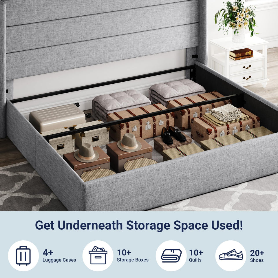 Allewie King Size Lift Up Storage Bed, Modern Wingback Headboard, Hydraulic Support, No Box Spring Needed, Light Beige