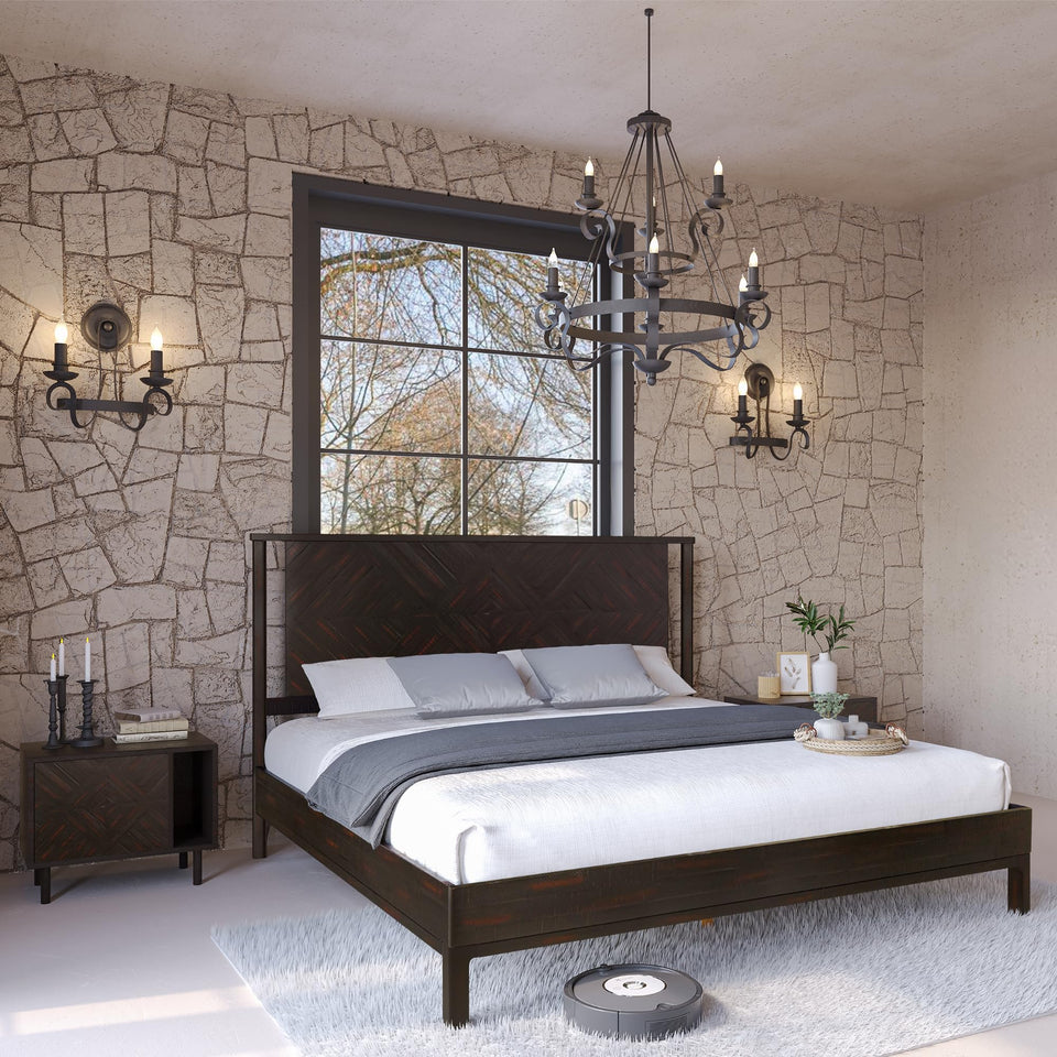 Bme Vivian 14 Inch Deluxe Bed Frame with Headboard, Rustic & Scandinavian Style with Solid Acacia Wood, No Box Spring Needed, 12 Strong Wood Slat Support, Easy Assembly, King, Rustic Golden Brown