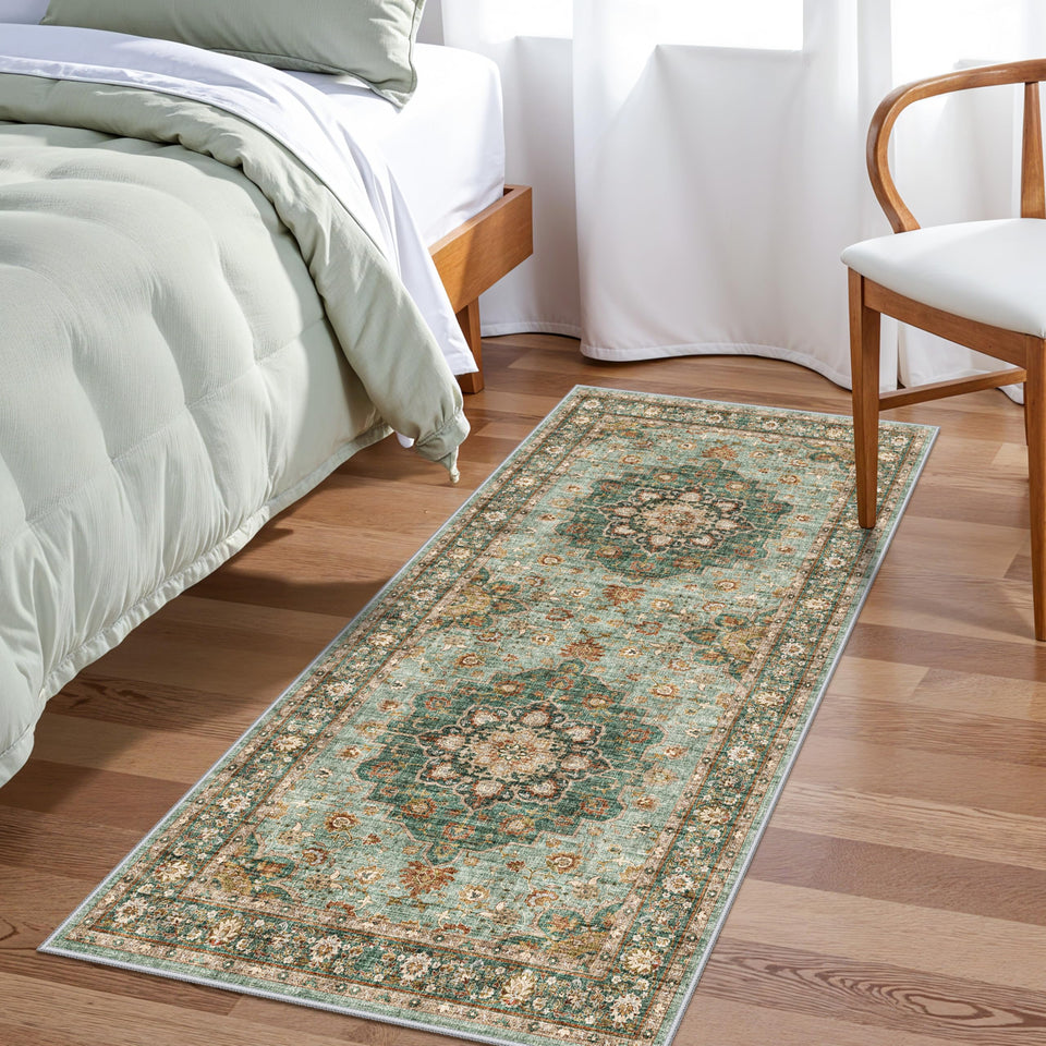 TOPRUUG Washable Oriental Area Rug - 12x15 Rugs for Living Room Soft Carpet for Bedroom Waterproof Floral Distressed Indoor Stain Resistant Non-Shedding Floor Carpets (Green, 12x15)