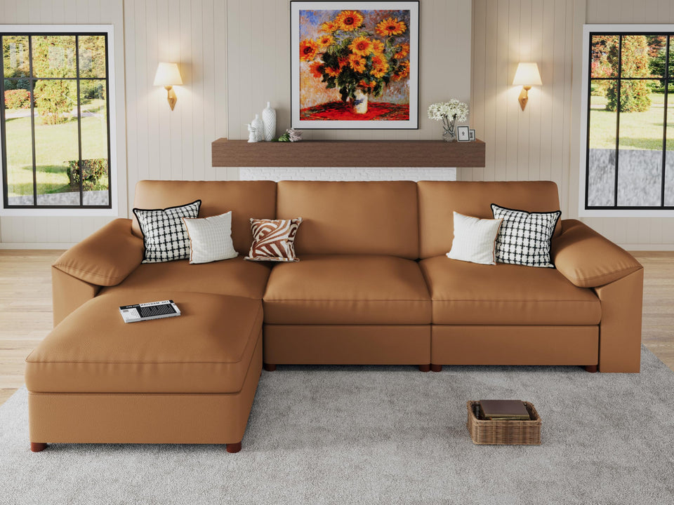 EASE MOOSE Leather Sectional Couch, Oversized Modular Sectional Sofas, Wide Deep Seat Modular Couch, Scratch Resistant Faux Leather Material, L Shaped Sofa for Big Spaces,Beige